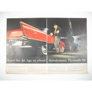 Jet Age Aerodynamic Plymouth Car 1956 Vintage Print Ad 2 Page MOD